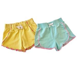 Girls Pom Trim Elastic Waist Shorts Bundle - Bright Yellow & Aqua Blue | S (5/6)